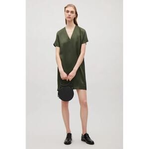 COS Short V-Neck Silk Dress Tunic Forest Green  Lagenlook Minimalist EU38/US6